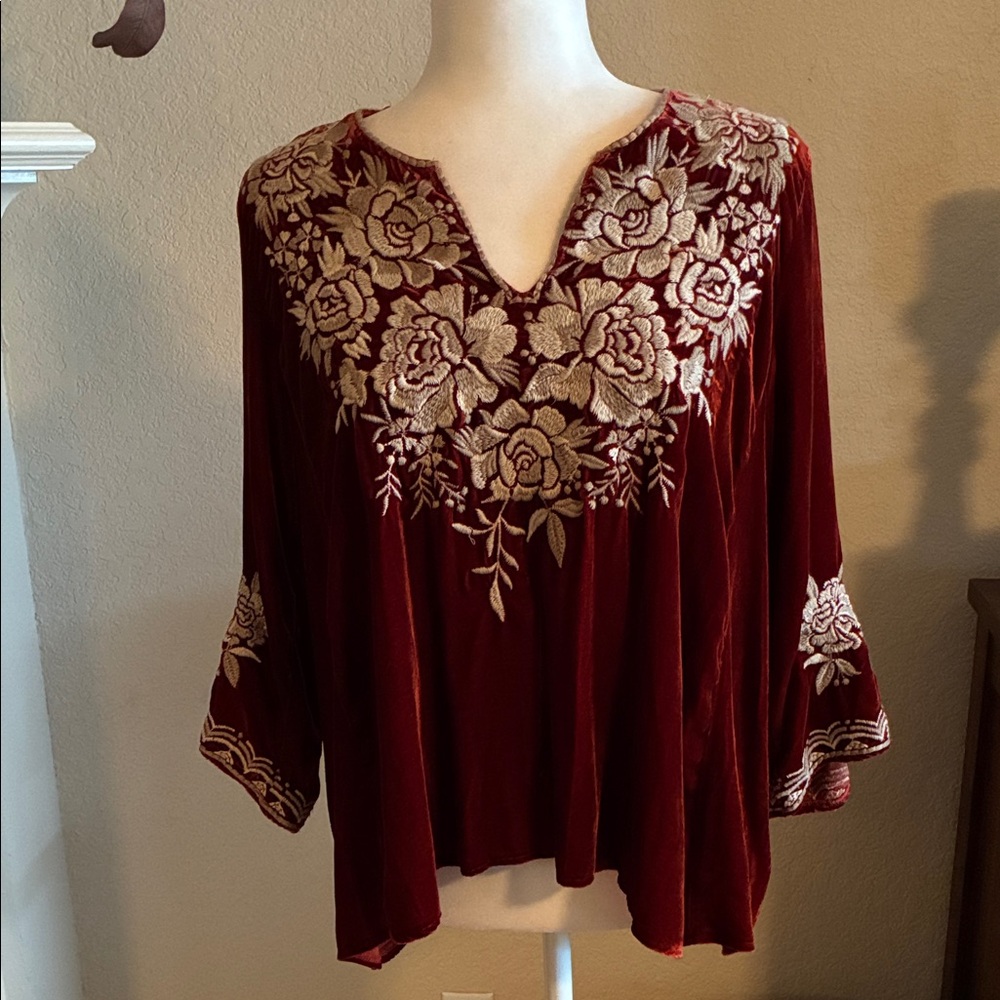 Johnny Was Burgundy Floral Embroidered Blouse